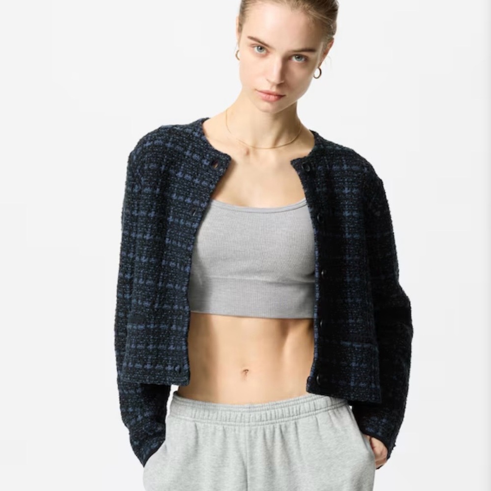 Uniqlo Lady Jacket Blue Black Textured Size XL Boxy Career Casual
